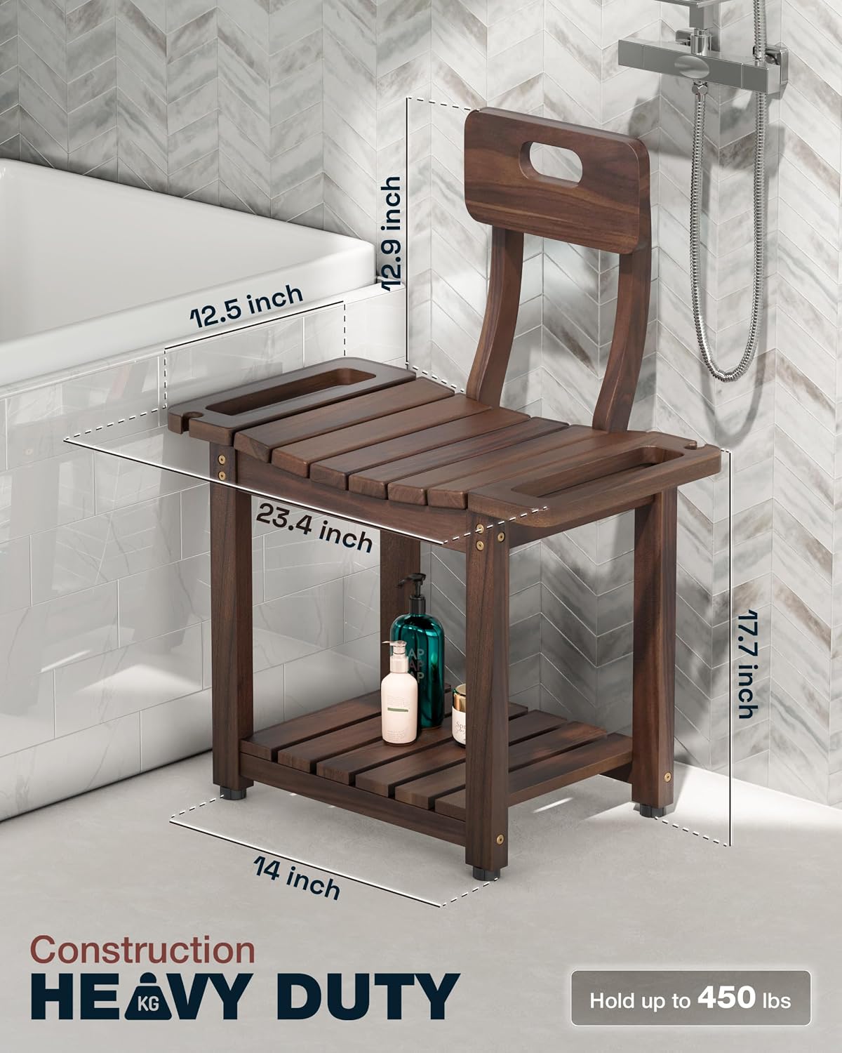 23.4'' Shower Chair with Backrest Bath Chair for Inside Shower or Tub, Heavy Duty 450 lbs Support, Non-Slip Feet