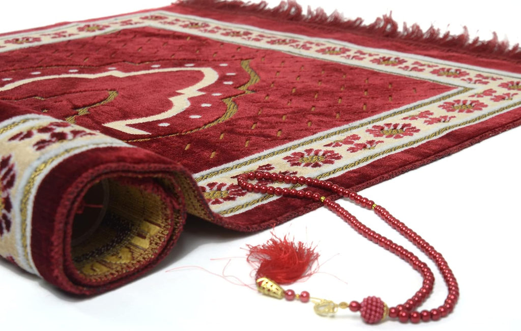 TB Islamic Prayer Rug Plush Soft Velvet Muslim Mat Unique Arabic Turkish African Embroidered Design Prayer Bead Daily