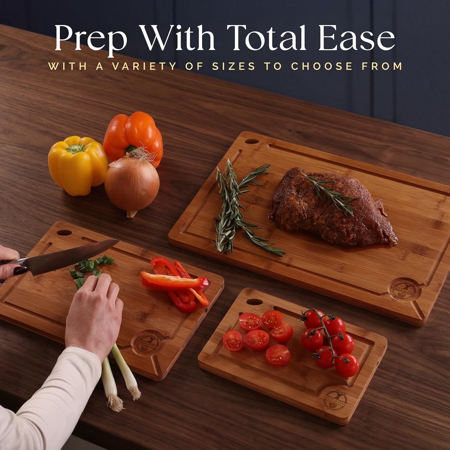 Pre-Oiled, Non Toxic 3-Piece Carbonized Bamboo Cutting Board Set, Eco-Friendly Wooden Chopping Boards for Kitchen