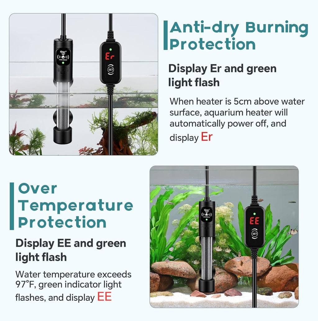 Submersible Aquarium Heater, Small Adjustable Fish Tank Heater with 2 Suction Cups, Temperature Controller