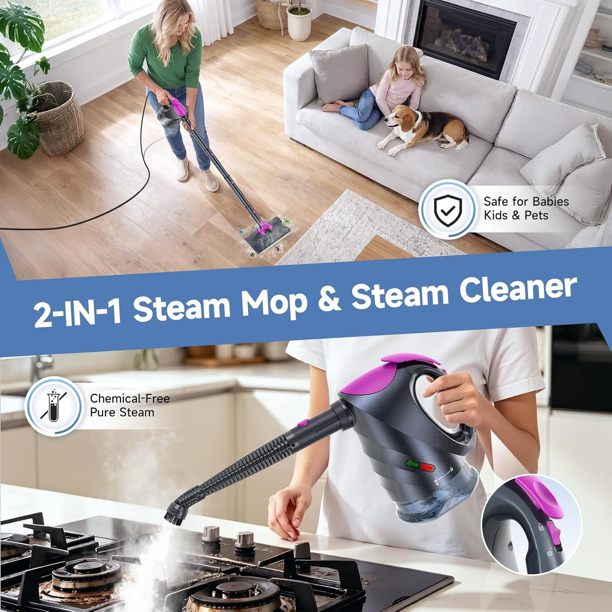 Steam Mop & Detachable Handheld Steam Cleaner | 10s Fast Heat-Up, 248°F Deep Cleaning, 8 Accessories, 320ml Tank with