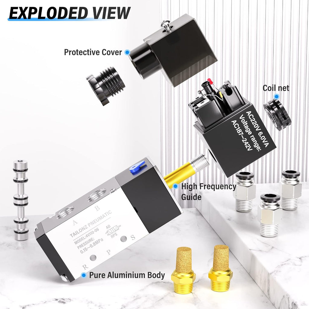 TAILONZ 1/8"NPT AC220V Solenoid Valve 2Position 5Way Junction Box 4V110-06