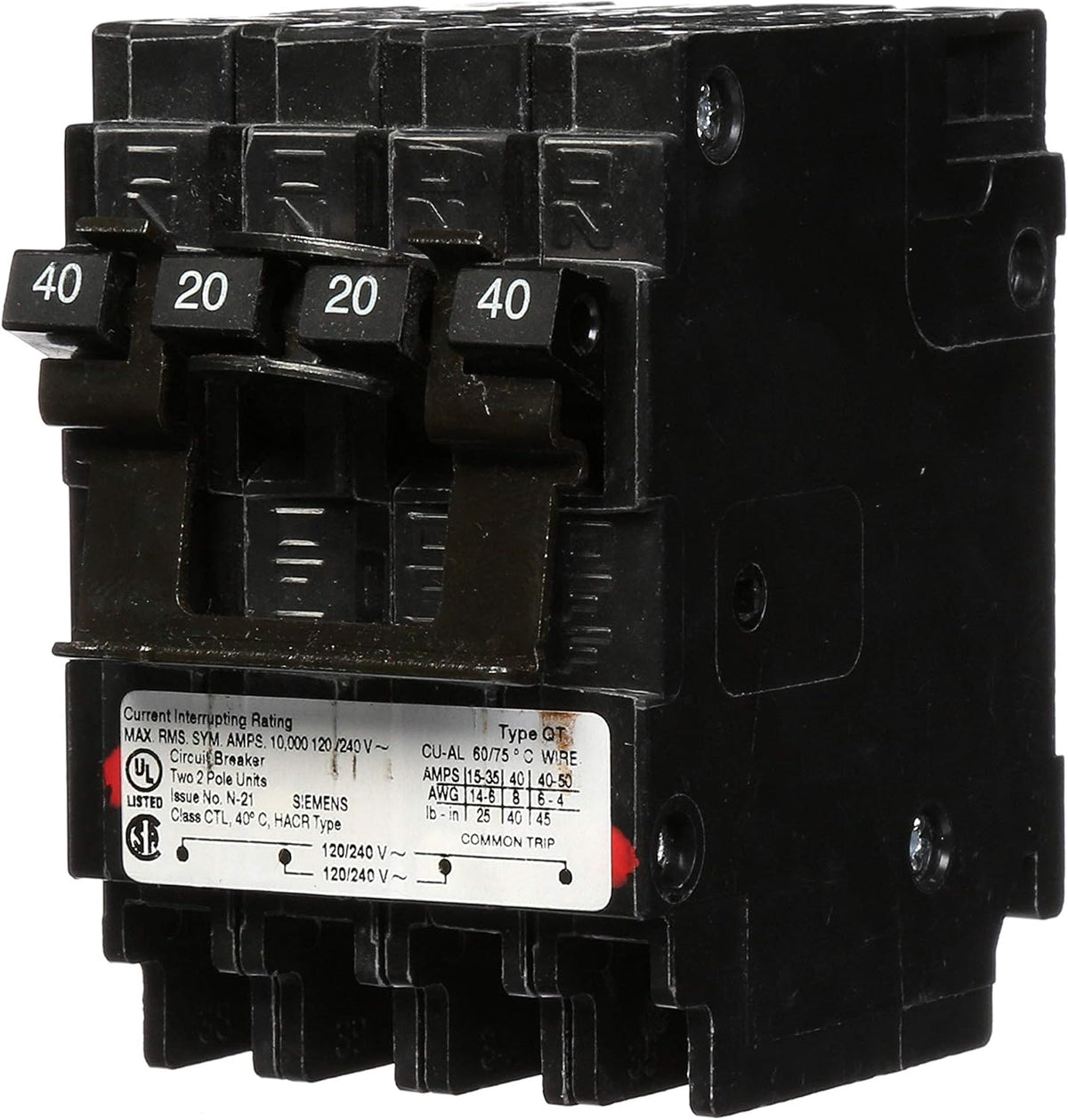 SIEMENS Q24020CT2 ONE 20-AMP ONE 40-AMP DOUBLE POLE CIRCUIT BREAKER