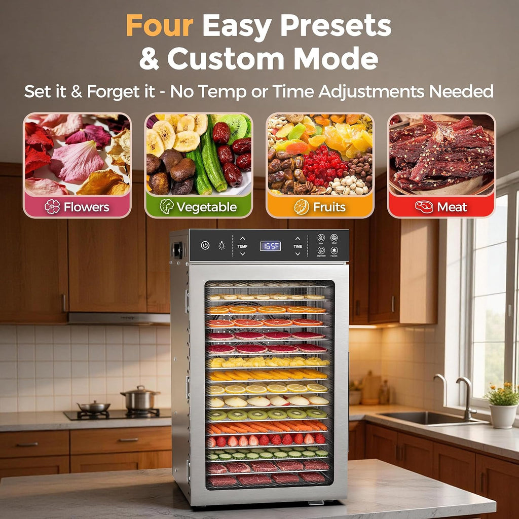16-Tray Food Dehydrator, Stainless Steel, 4 Presets for Jerky&Fruit