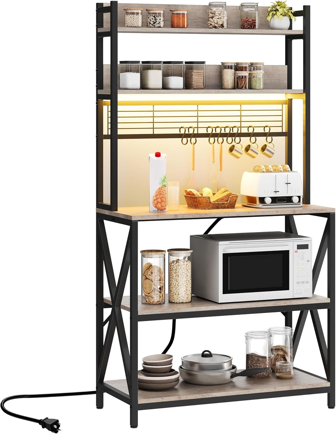 5-Tier Bakers Rack Coffee Bar with LED Lights & Power Outlet,Gray