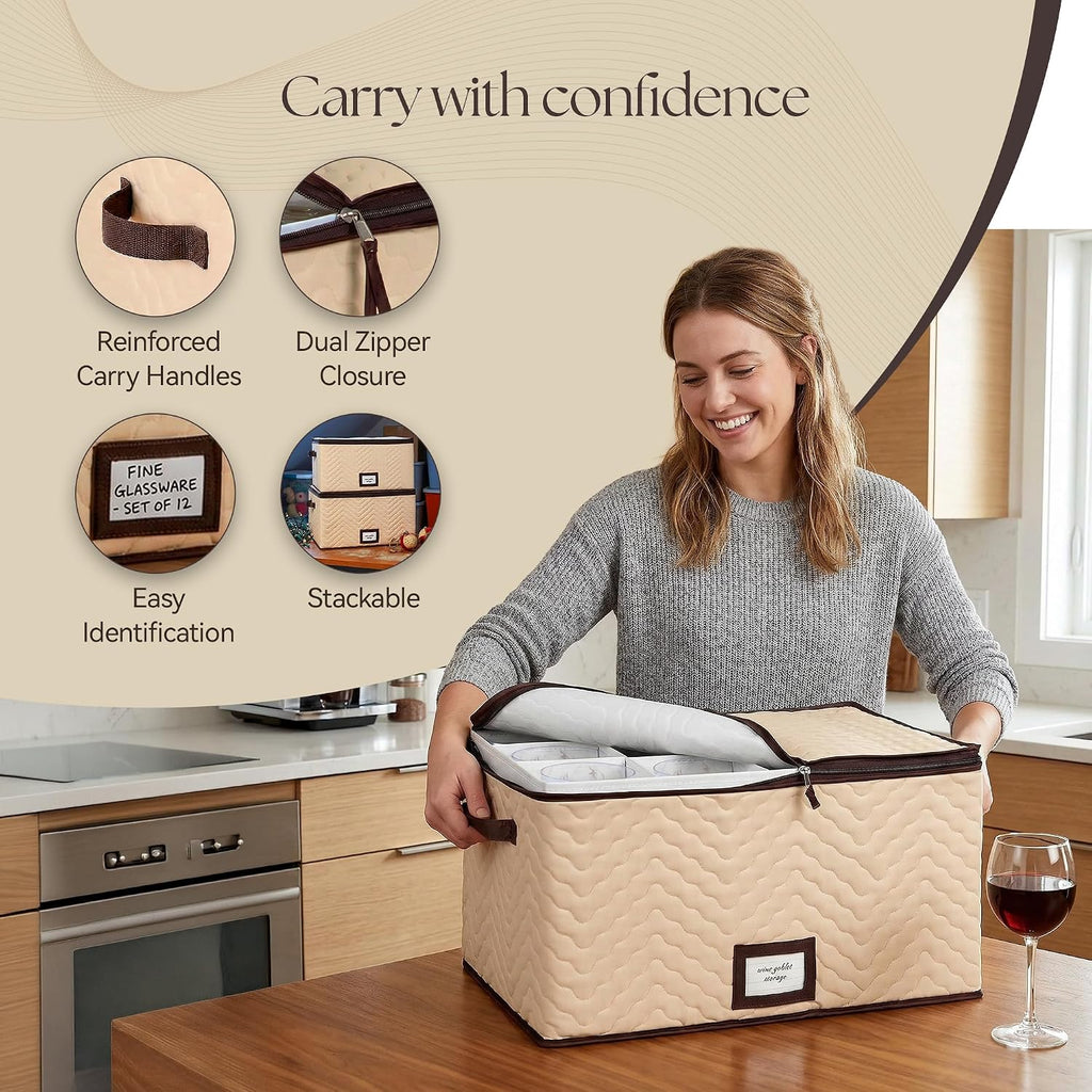 Wine Glass Storage Box with Dividers, Holds 12 Glasses up to 4.25" Wide