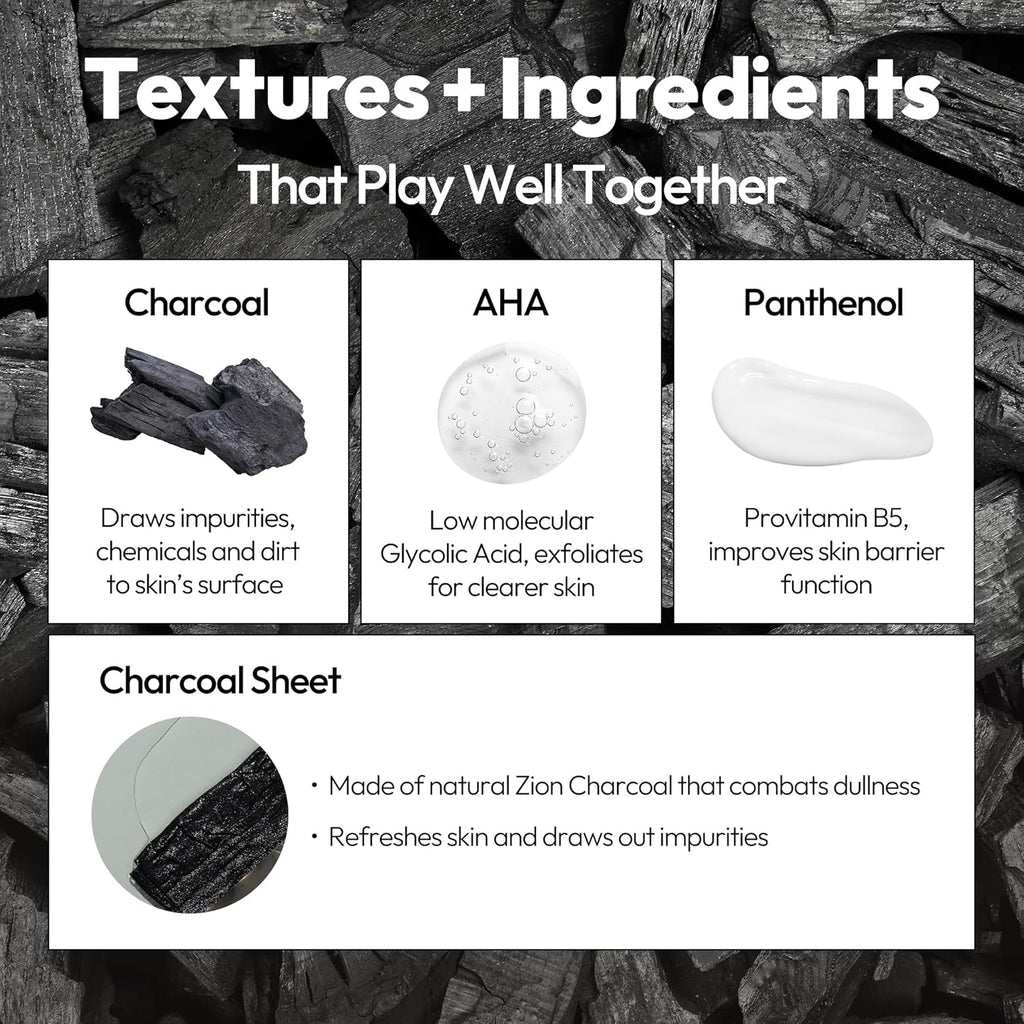 K Beauty Charcoal Sheet - Pore Refining Face Mask (Pack of 5) | Gently Exfoliating Facial Mask with Salicylic Acid