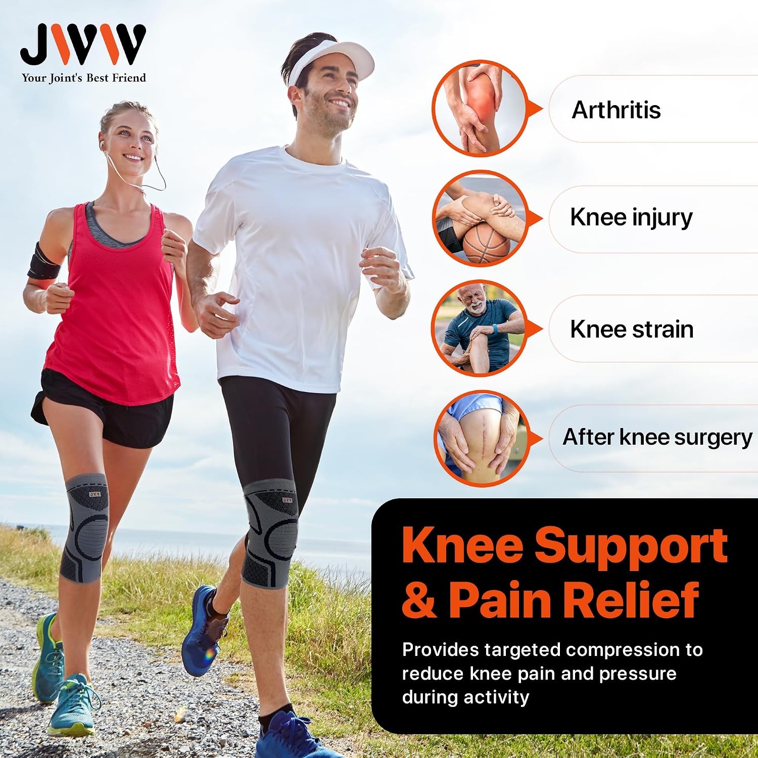 Knee Compression Sleeve 2 Pack, Knee Brace for Men and Women, Black, M