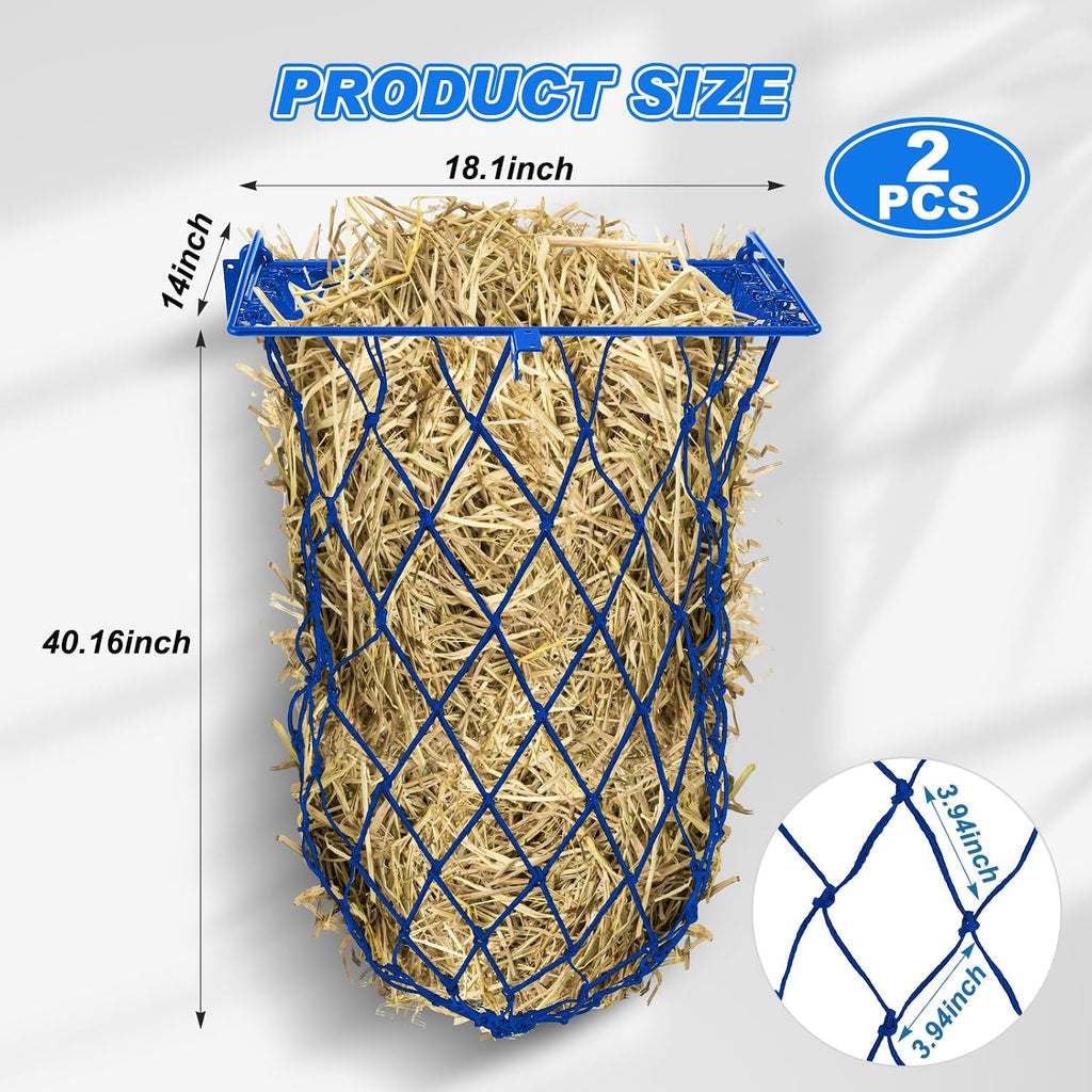 2 Set Wall Mount Hay Feeder for Horse Goats Hay Rack with Net, Blue