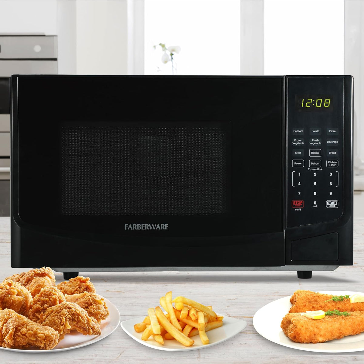 0.9 Cu. Ft. Black Microwave Oven, 900W with LED Display, 10 Power Levels, 8 Auto-Cook Presets, Express Cooking & Defrost
