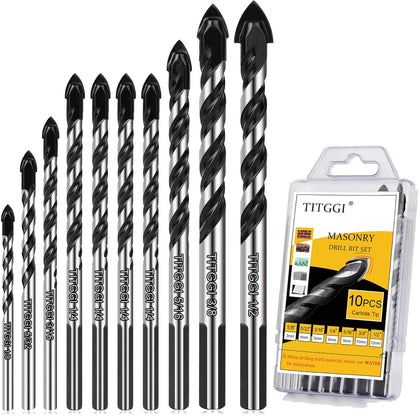 10-Piece Masonry Drill Bit Set & Concrete Drill Bit Set, 7 Sizes, 1/8"-1/2" | Carbide Drill Bits for Tile, Ceramic