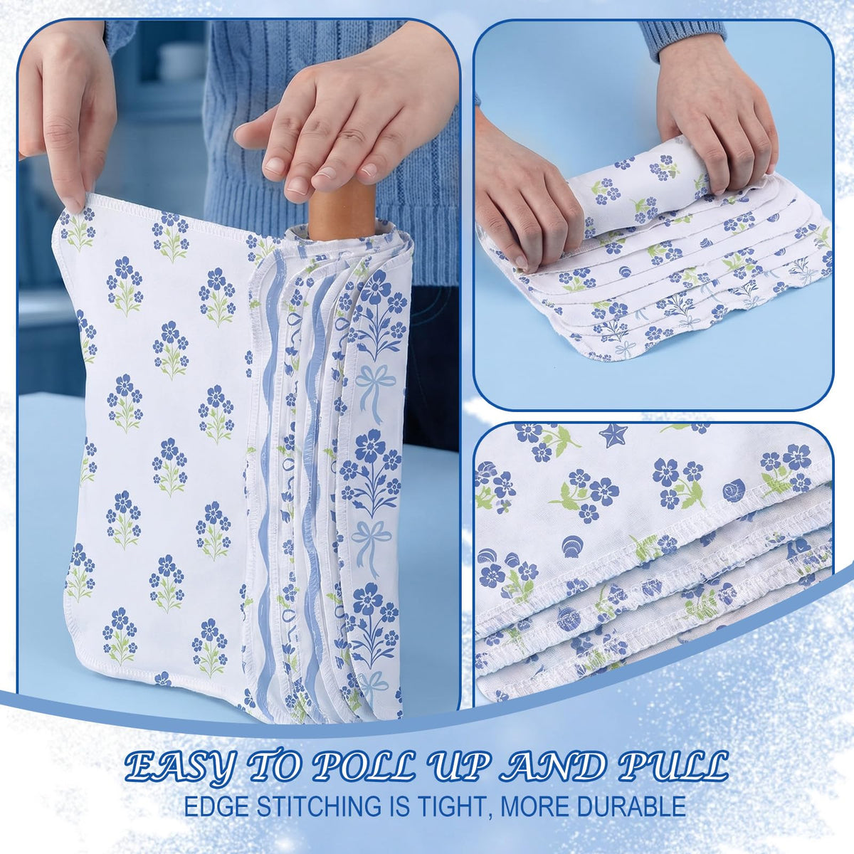24 Pack Reusable Paper Towels Washable Cloths, Blue Floral Print