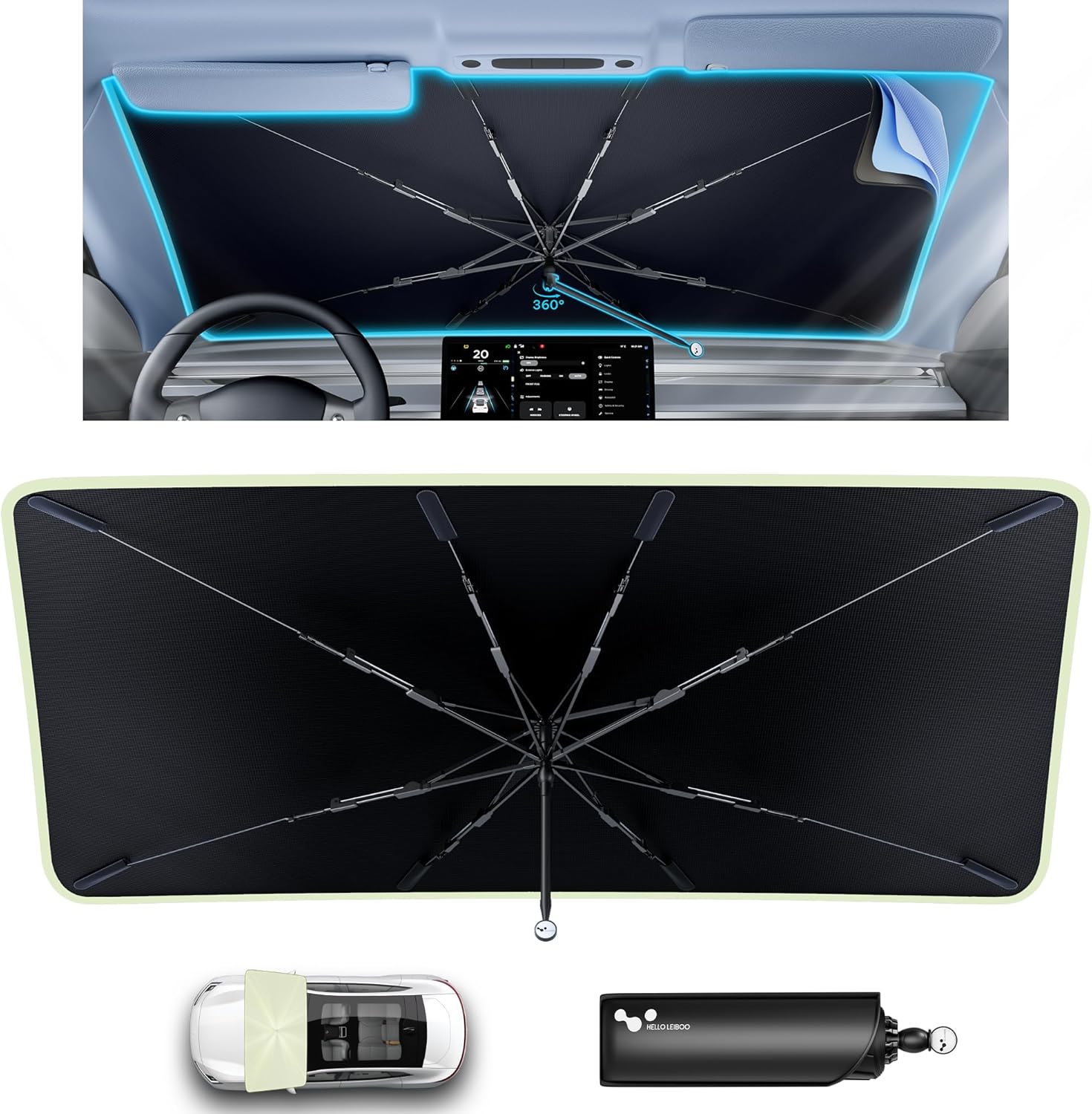 Car Windshield Sun Shade Umbrella 57" x 32", Windshield Sun Shade Foldable with 5-Layer Thickened Vinyl Coating