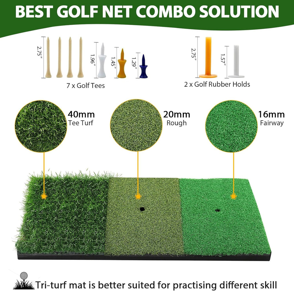 Golf Net, 10x7 Ft Practice Hitting Golf Net with Tri-Turf Mat, Ball, Tee, and Carring Bag, All-in-One Multi-Target