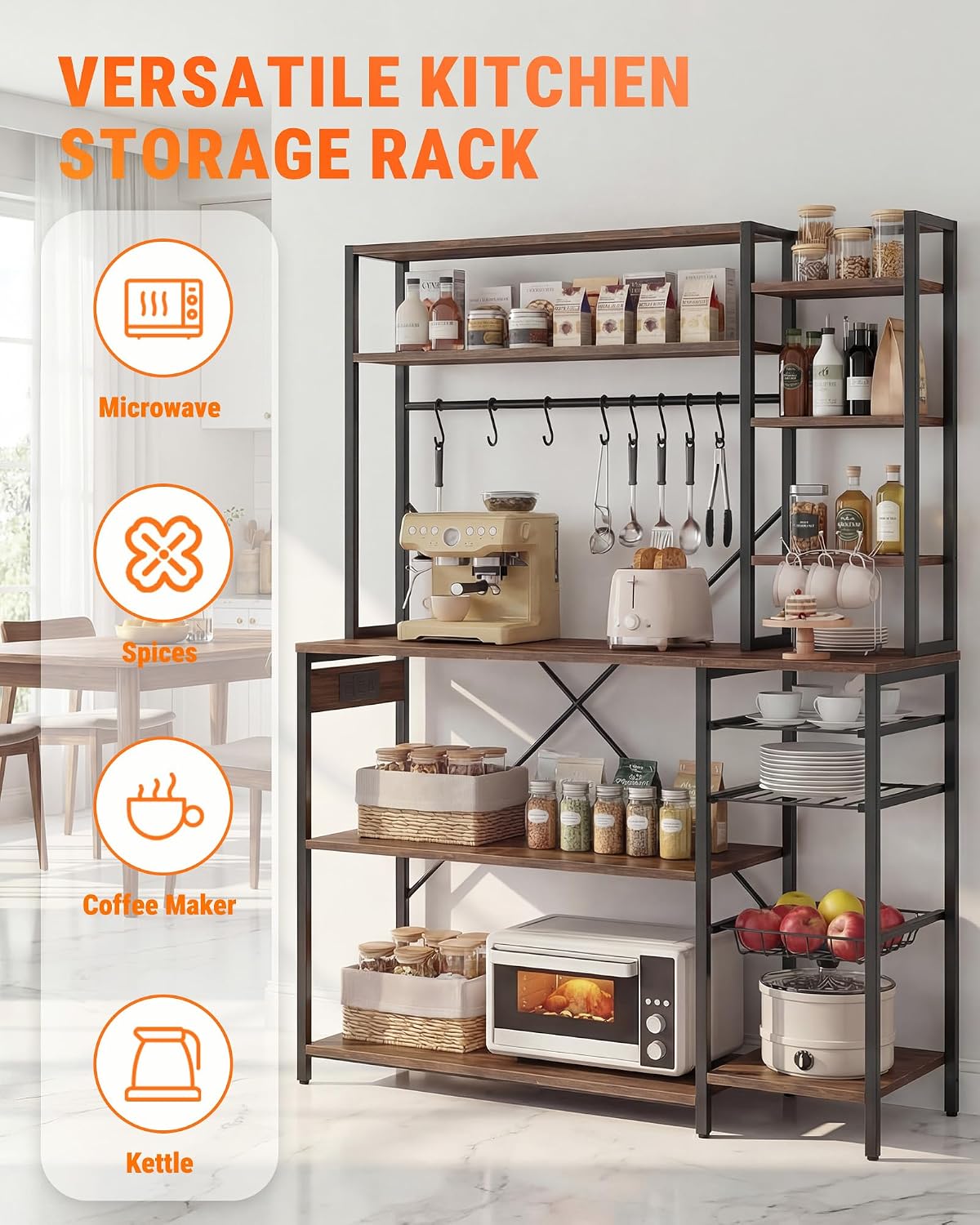 Bakers Rack with Power Outlets, 4-Tier Microwave Stand