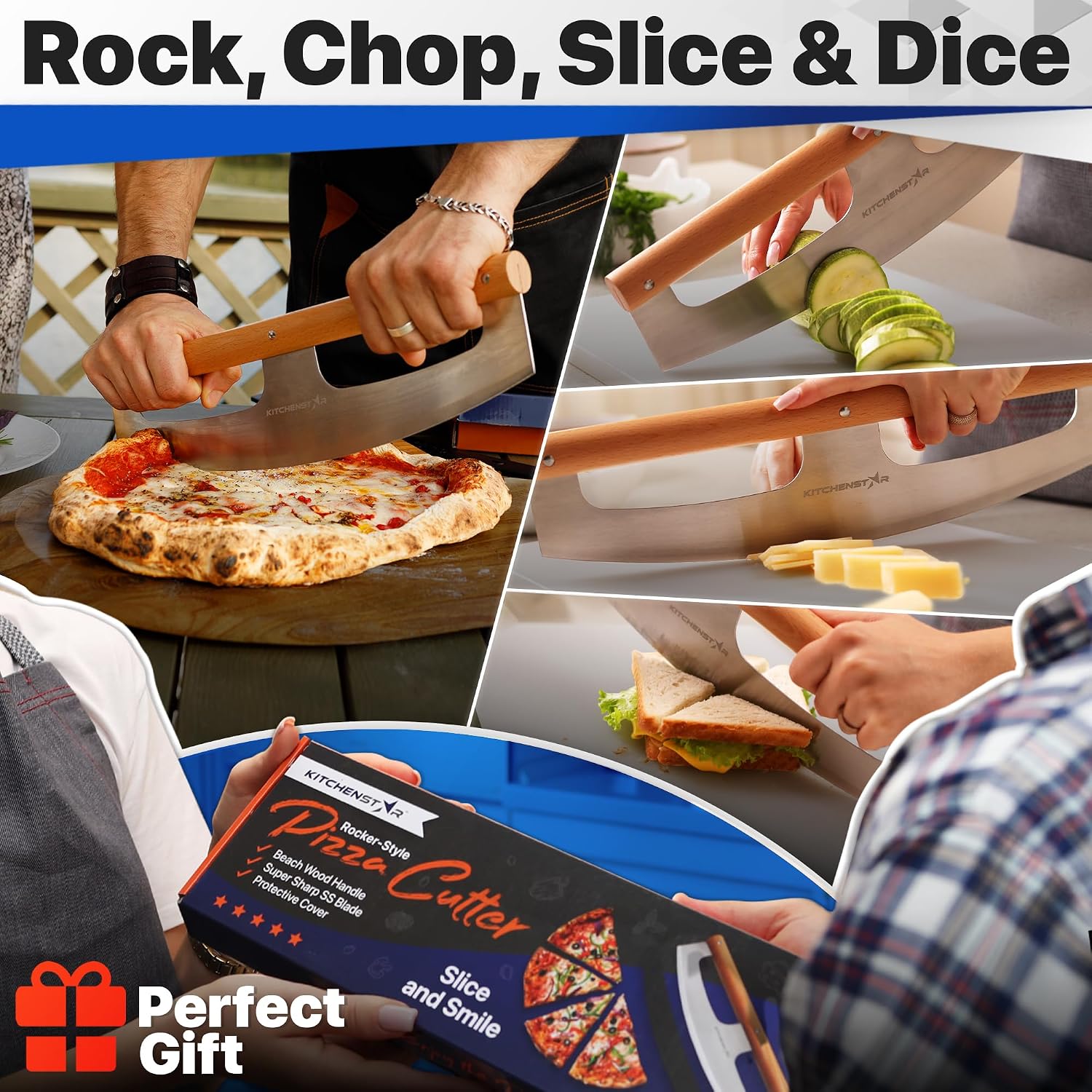 14-Inch Pizza Cutter Rocker Blade - Razor Sharp Stainless Steel Slicer Knife, Stylish Beech Wood Handle, Protective