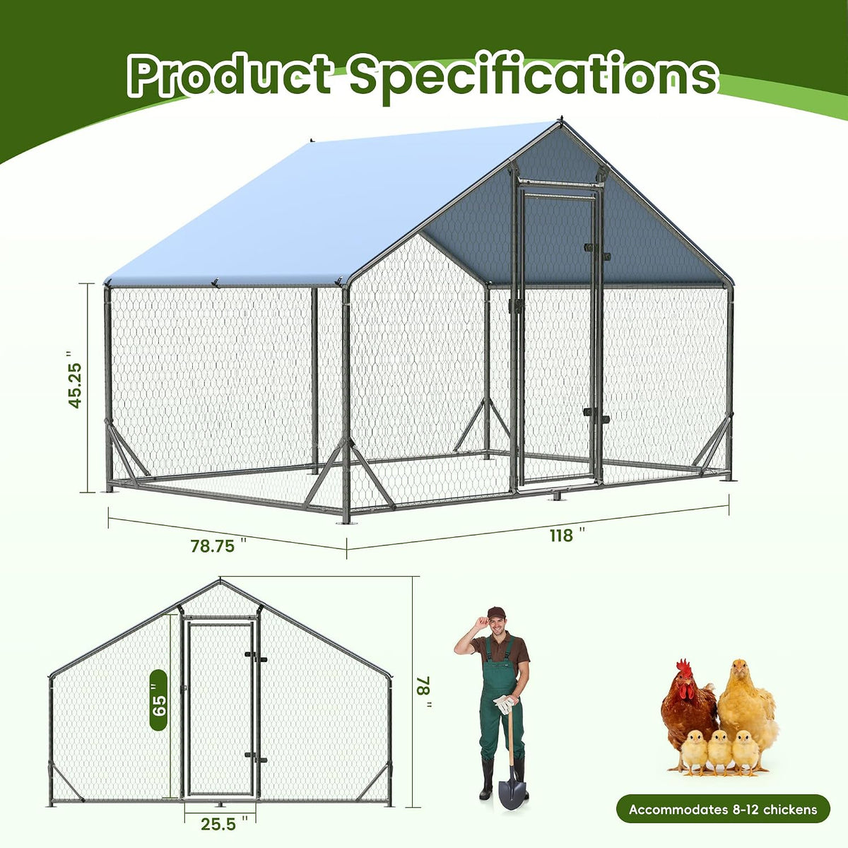 Outdoor Metal Chicken Coop Large Walk-in Poultry Cage Spire-Shaped Chicken Run with Waterproof and Anti-Ultraviolet