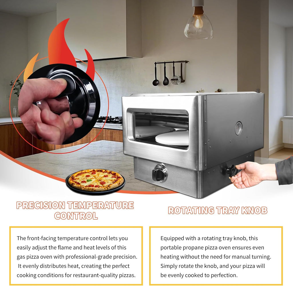 Gas Fired Pizza Oven - 12" Portable Outdoor Gas-Powered Oven with Pizza Stone, Countertop Stonebaked Pizza Maker