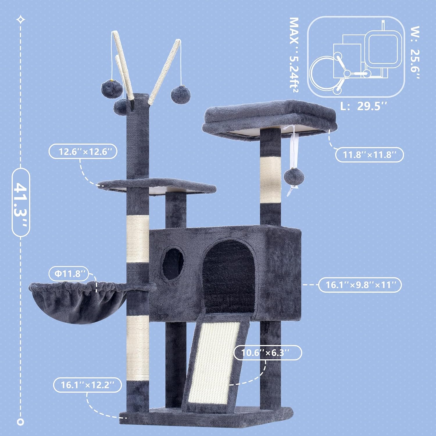 Cat Tree Tower, Scratching Posts with Removable Toys, Cozy Condo, Platform, Hammock, Sisal Scratch Board and Ball for