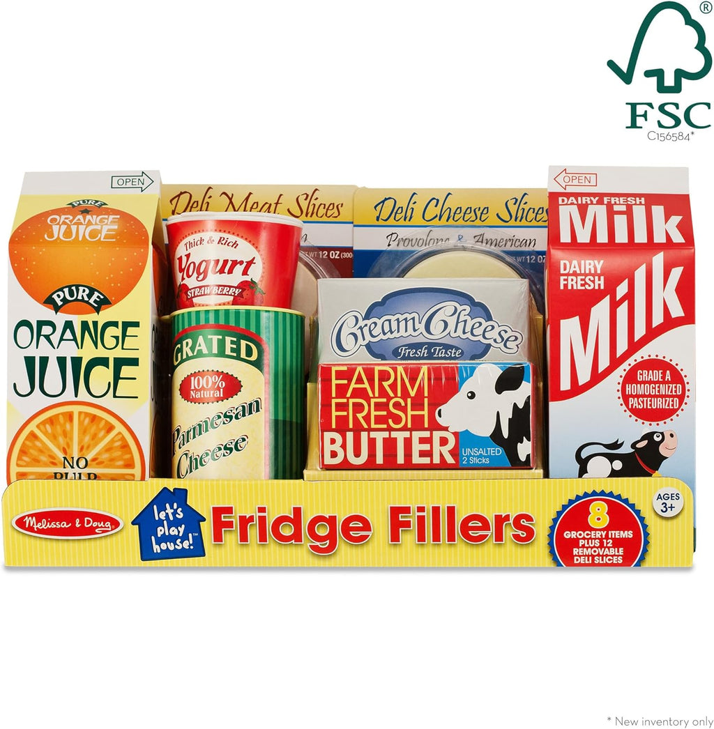 Melissa & Doug Fridge Fillers Grocery Play Food Cartons (8 Pieces) Wooden Toy Groceries, Pretend Play Food, Kitchen
