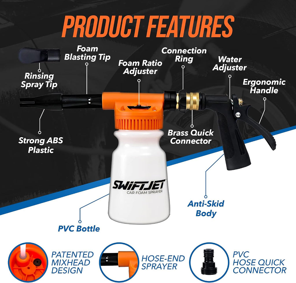 Car Wash Foam Gun + Microfiber Wash Mitt - Foam Cannon Works with Any Soap - Garden Hose Car Foam Sprayer - Car Wash