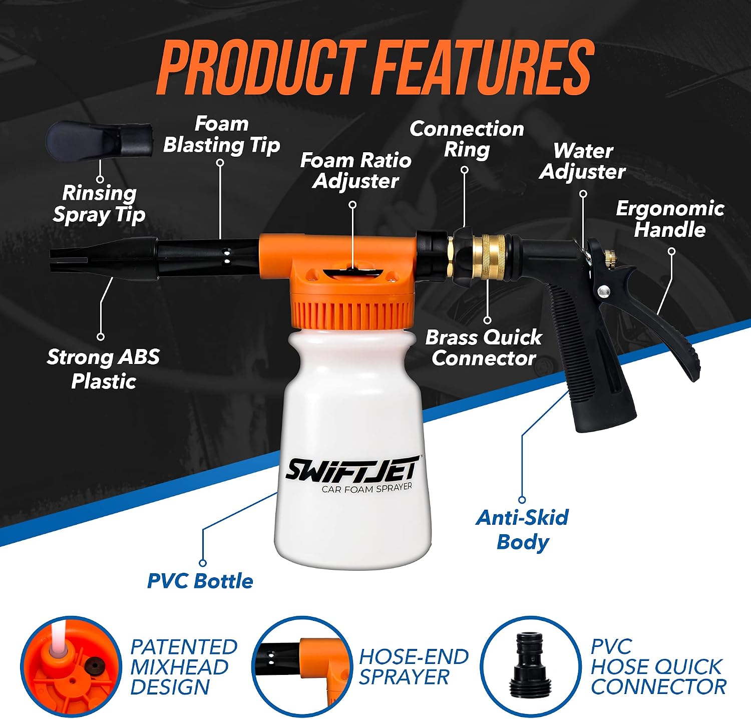 Car Wash Foam Gun + Microfiber Wash Mitt - Foam Cannon Works with Any Soap - Garden Hose Car Foam Sprayer - Car Wash