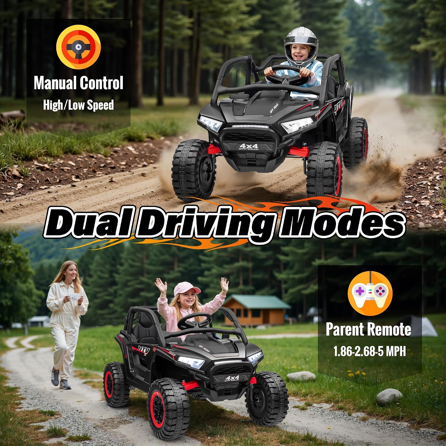 24V Ride on Car, 2 Seater XL Off-Road UTV w/4 RMP2000W Motors, Remote Control, Gift Flower, Bluetooth Music, LED