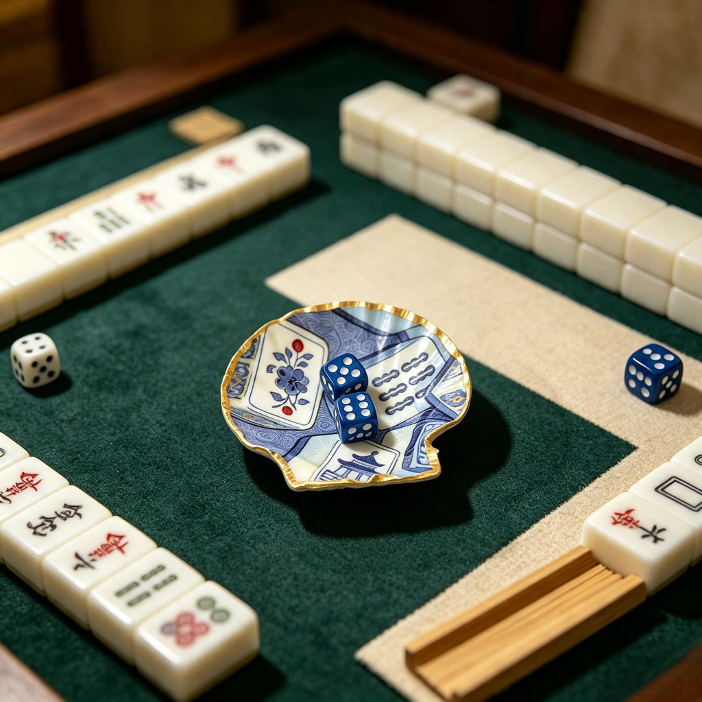 Mahjong Dice Tray with 2 Dice, Gold Shell Blue Mahjong Dice Holder