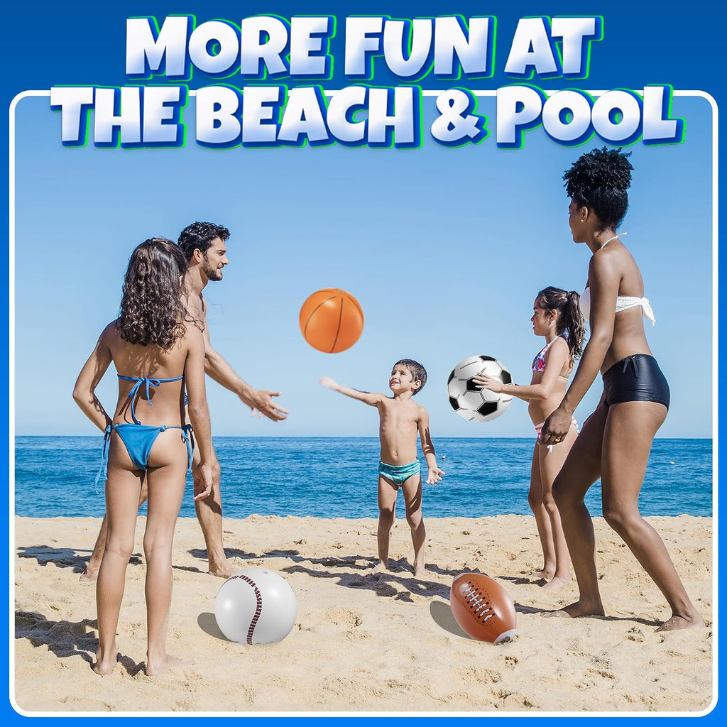 16" Inflatable Sports Beach Balls Variety Pack (12 Pcs) - 3 of Each - Basketball, Baseball, Football, Soccer Beach