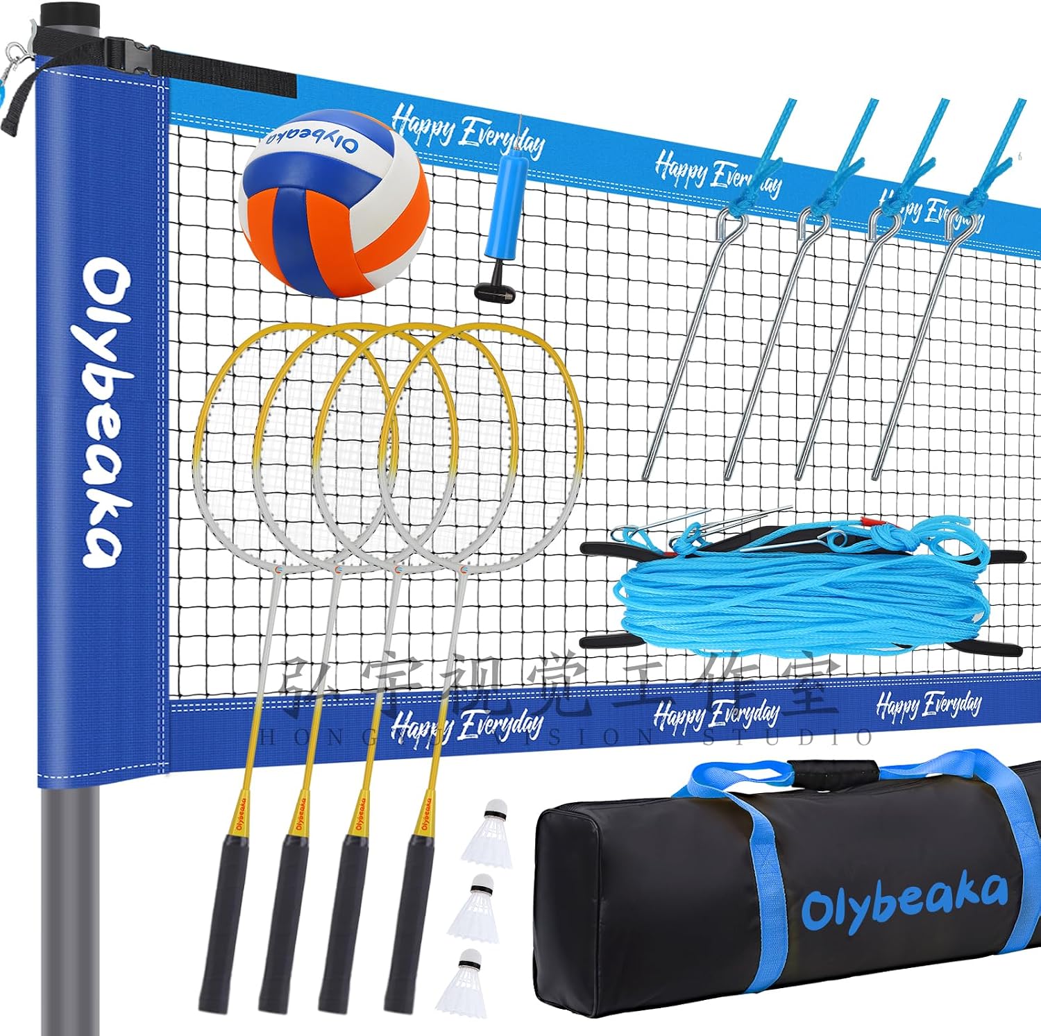 32FT Badminton Volleyball Combo Net Set System for Backyard Lawn Beach | with 4 Height Adjustable 1.25" Poles