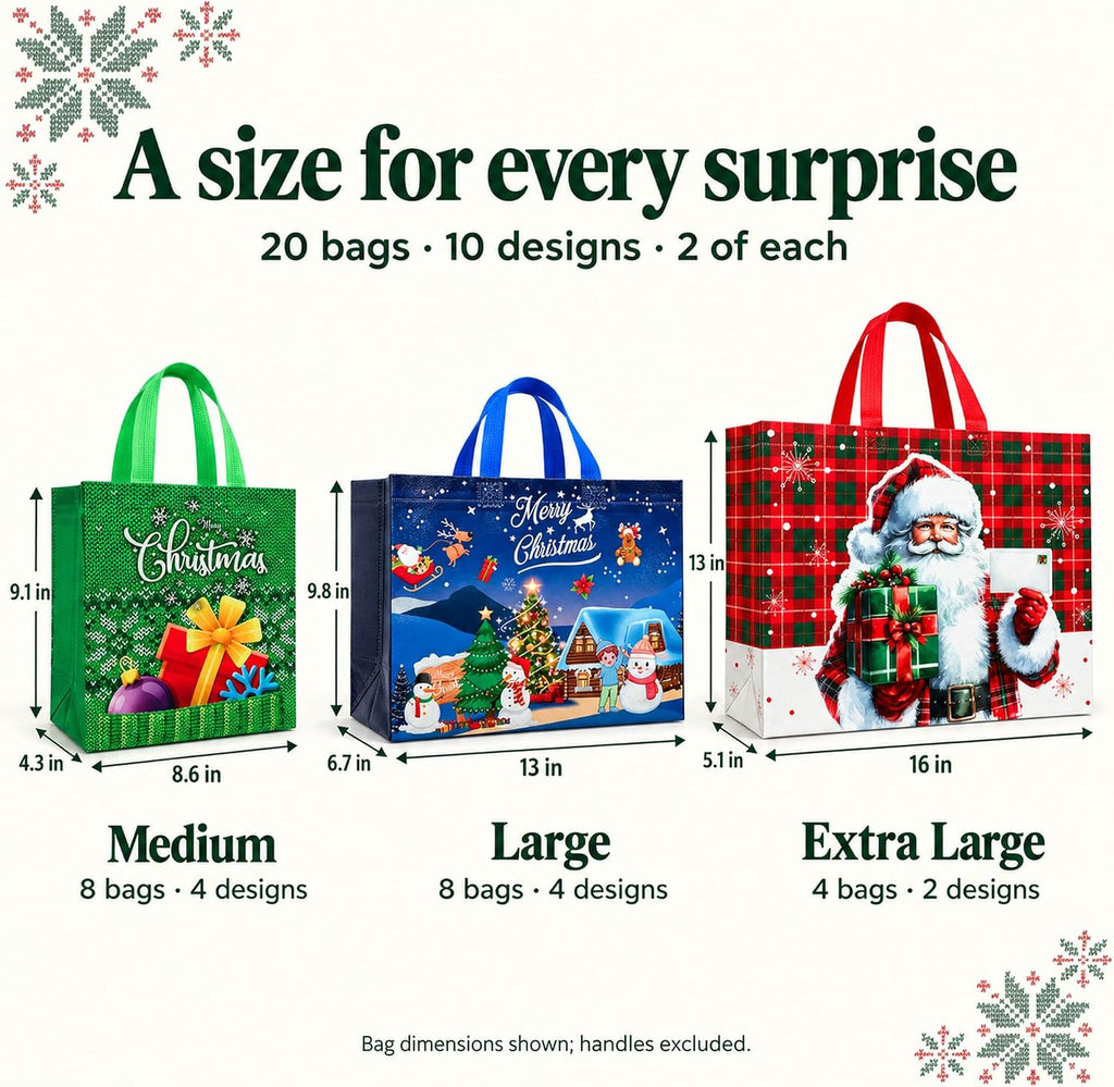 20 Pack Christmas Gift Bags Assorted Sizes with Handles, Non-Woven