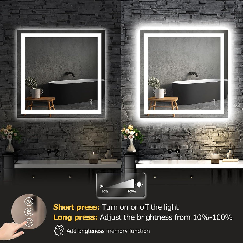 36"X36" LED Bathroom Mirror with Lights, Anti-Fog, Dimmable, Backlit + Front Lit, Smart Bathroom Vanity Mirror