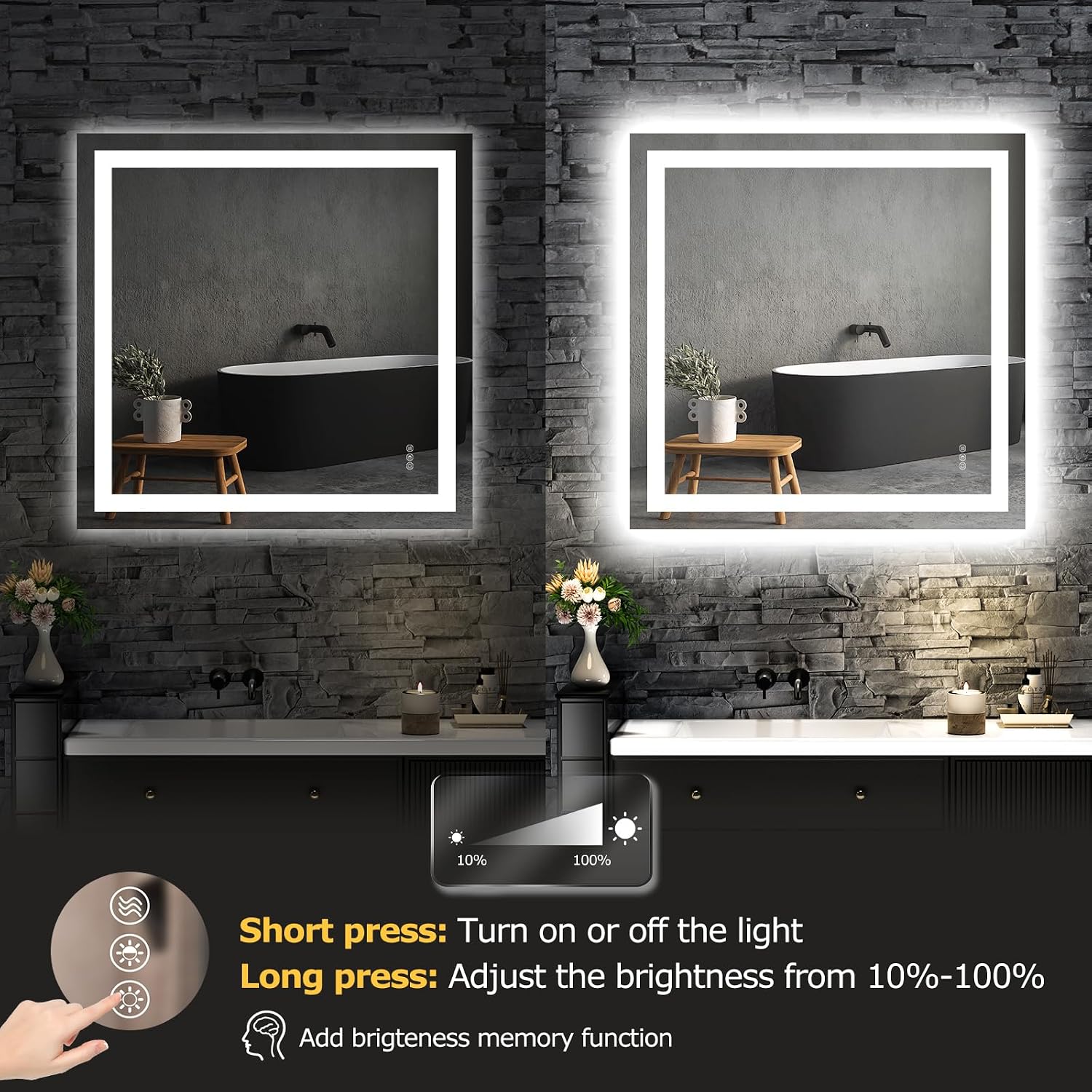 36"X36" LED Bathroom Mirror with Lights, Anti-Fog, Dimmable, Backlit + Front Lit, Smart Bathroom Vanity Mirror
