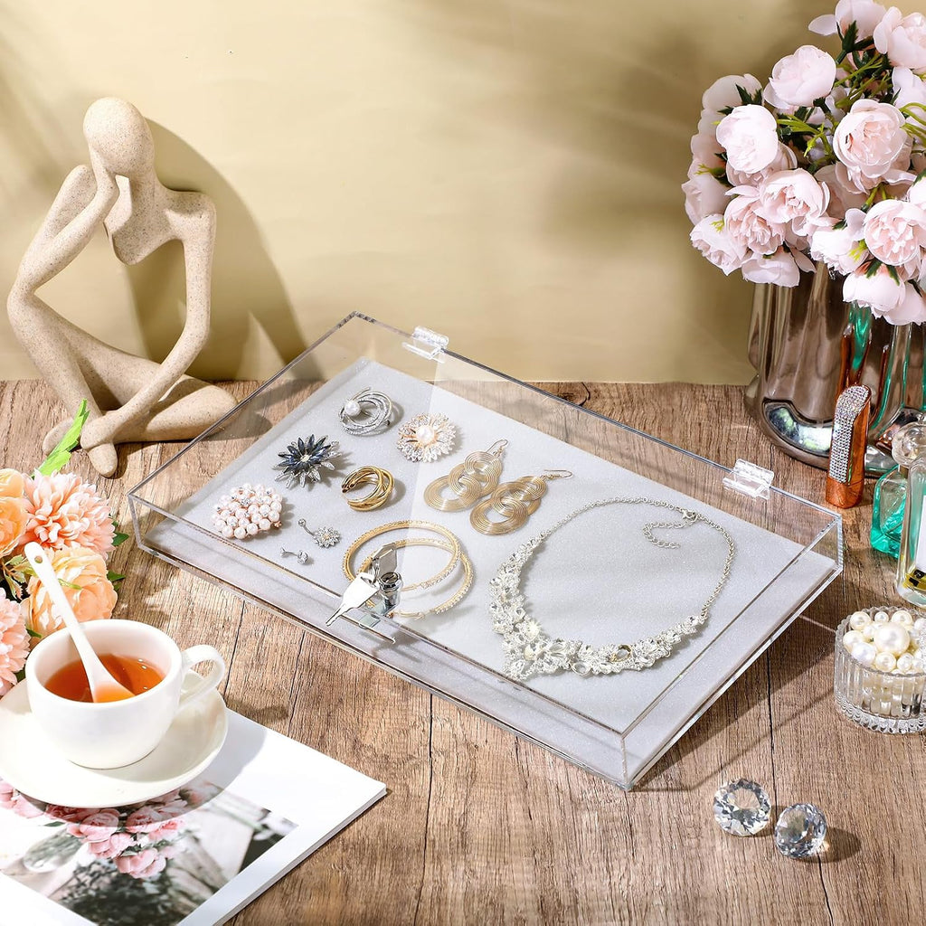 2 Pcs Acrylic Locking Jewelry Display Case Clear Ring Earring Necklace Bracelet Security Showcase with Lock and Key