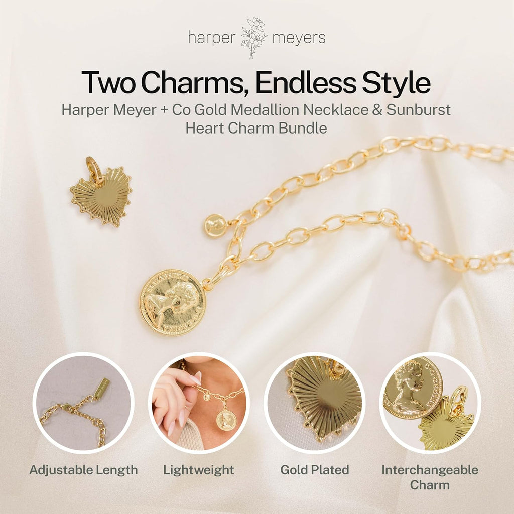 Harper Meyers Gold Medallion Necklace & Sunburst Heart Charm Bundle – Bold Statement Jewelry for Women –