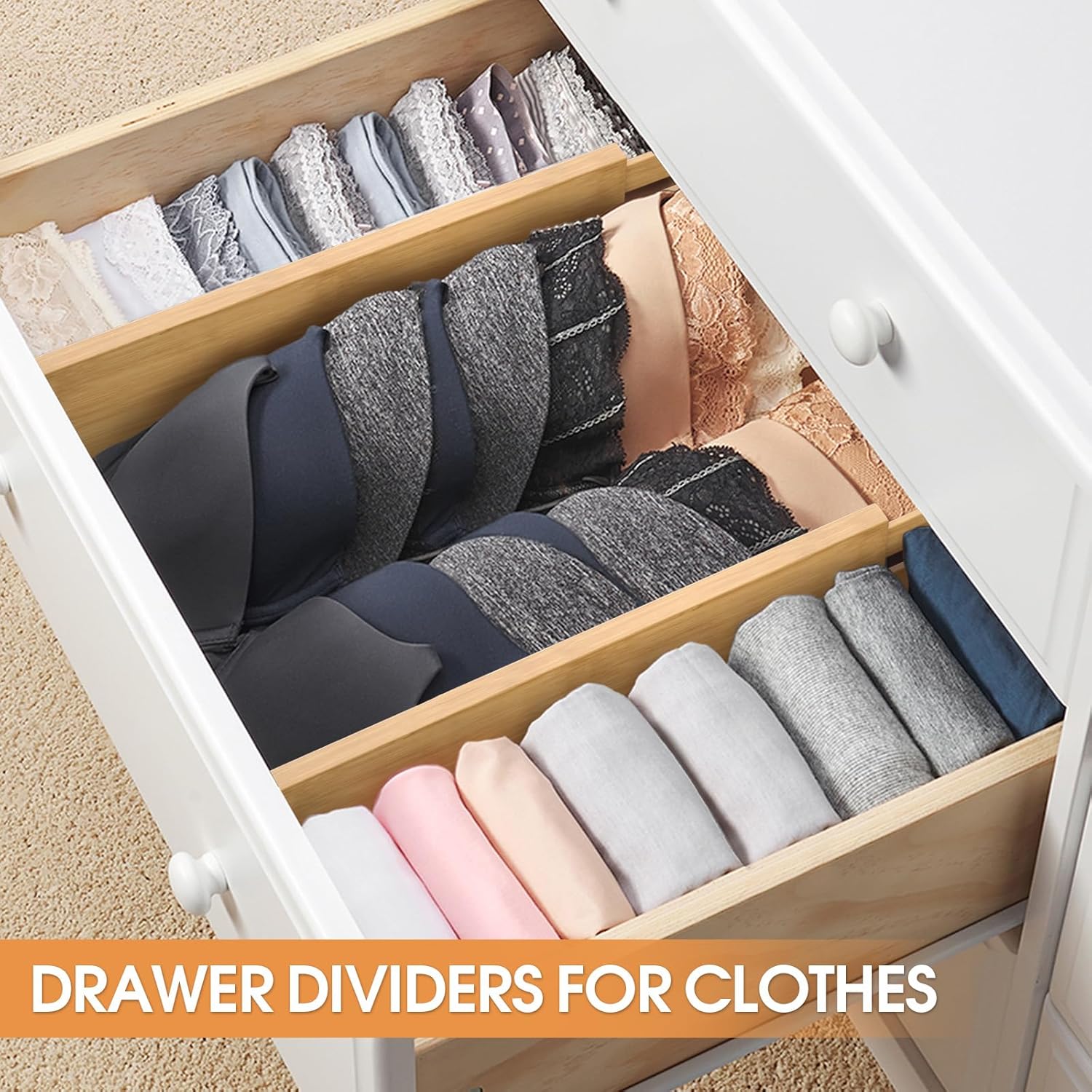 Bamboo Drawer Dividers Organizers, Kitchen Drawer Organizer, Adjustable Drawer Divider for Clothes, Kitchen, Dresser