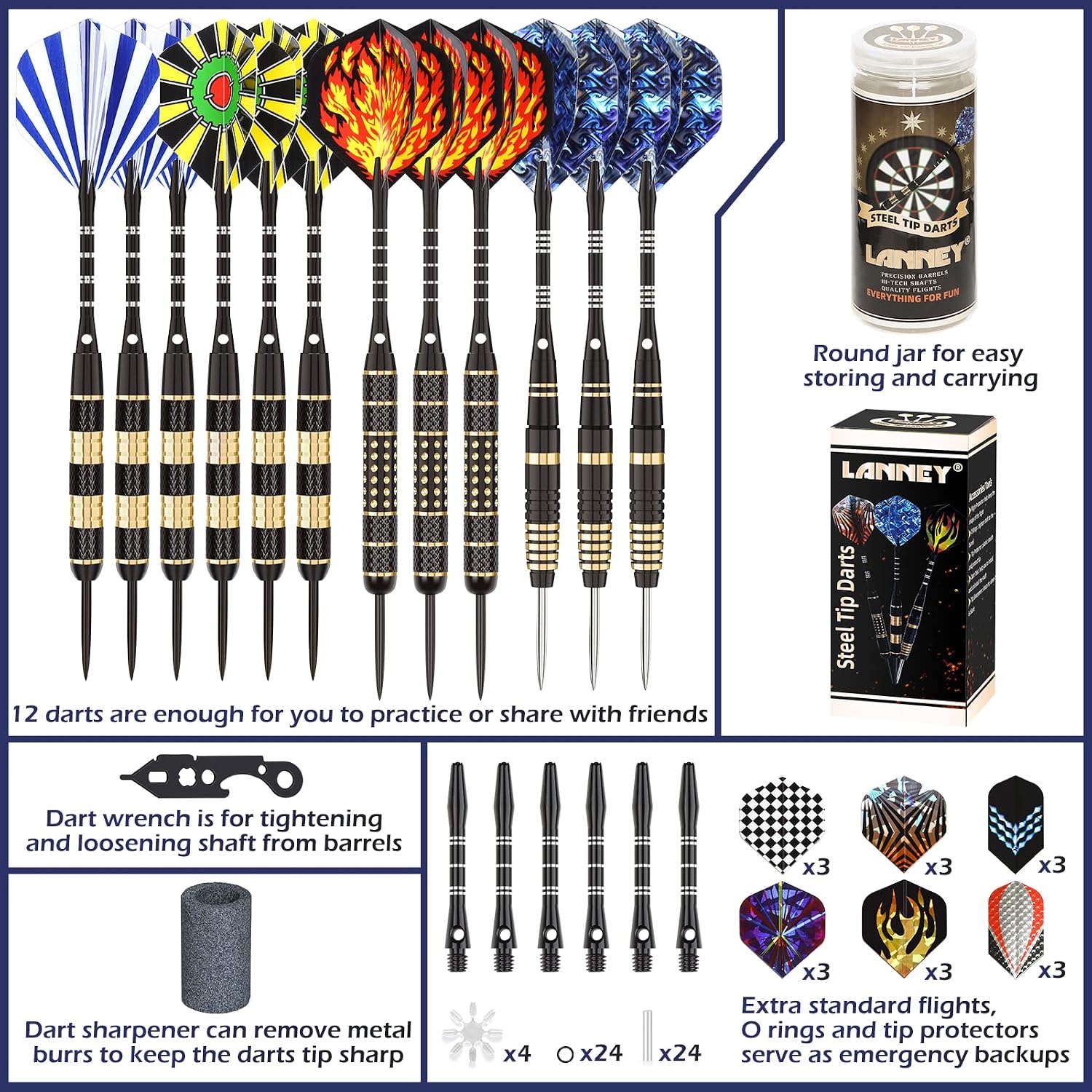 Darts Metal Tip Set, Steel Tip Darts Set 20 Grams 24 Grams and 26 Grams Professional Darts for Dartboard with