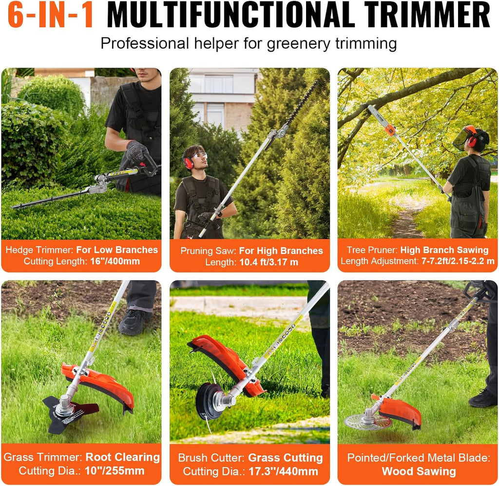 43cc 6-in-1 Multi-Functional Trimming Tool, Hedge Trimmer, Weed Eater, String Trimmer, Brush Cutter, Edger, Pole Saw