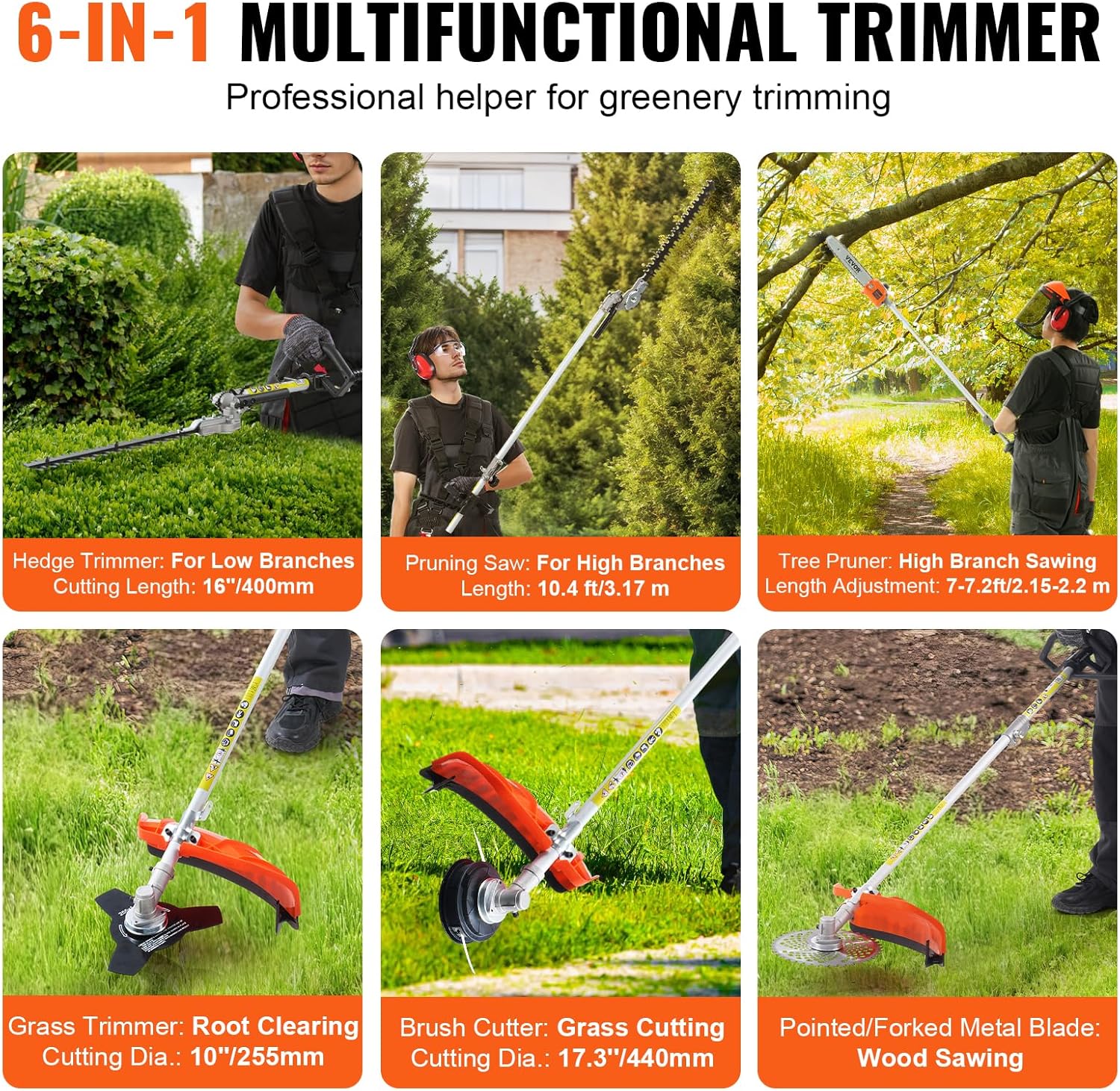 43cc 6-in-1 Multi-Functional Trimming Tool, Hedge Trimmer, Weed Eater, String Trimmer, Brush Cutter, Edger, Pole Saw