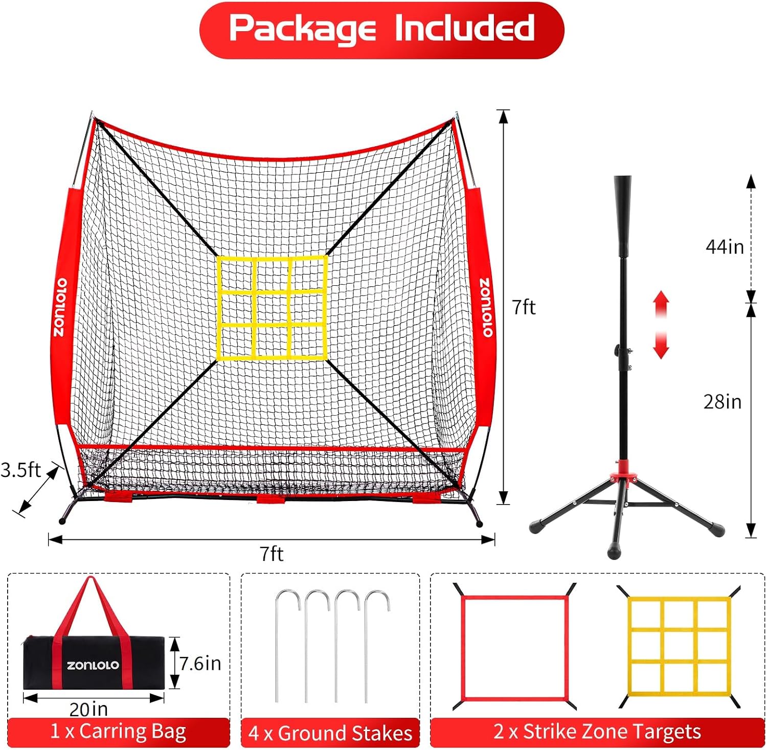 7x7 ft Baseball Net, Pitching & Batting Net with Batting Tee, Designed with Large Ball Collection System, 2 Strike