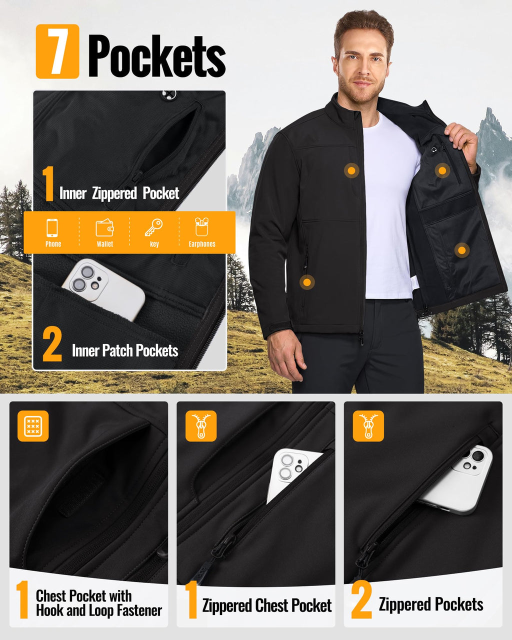 Men's Lightweight Softshell Jacket Fleece Waterproof Windbreaker