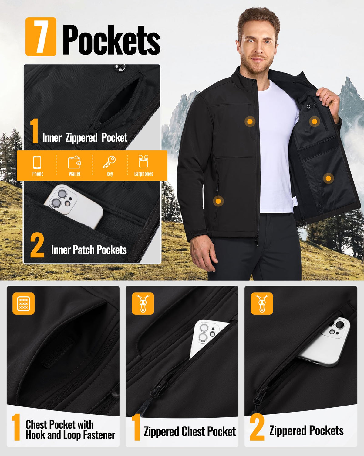 Men's Lightweight Softshell Jacket Fleece Waterproof Windbreaker