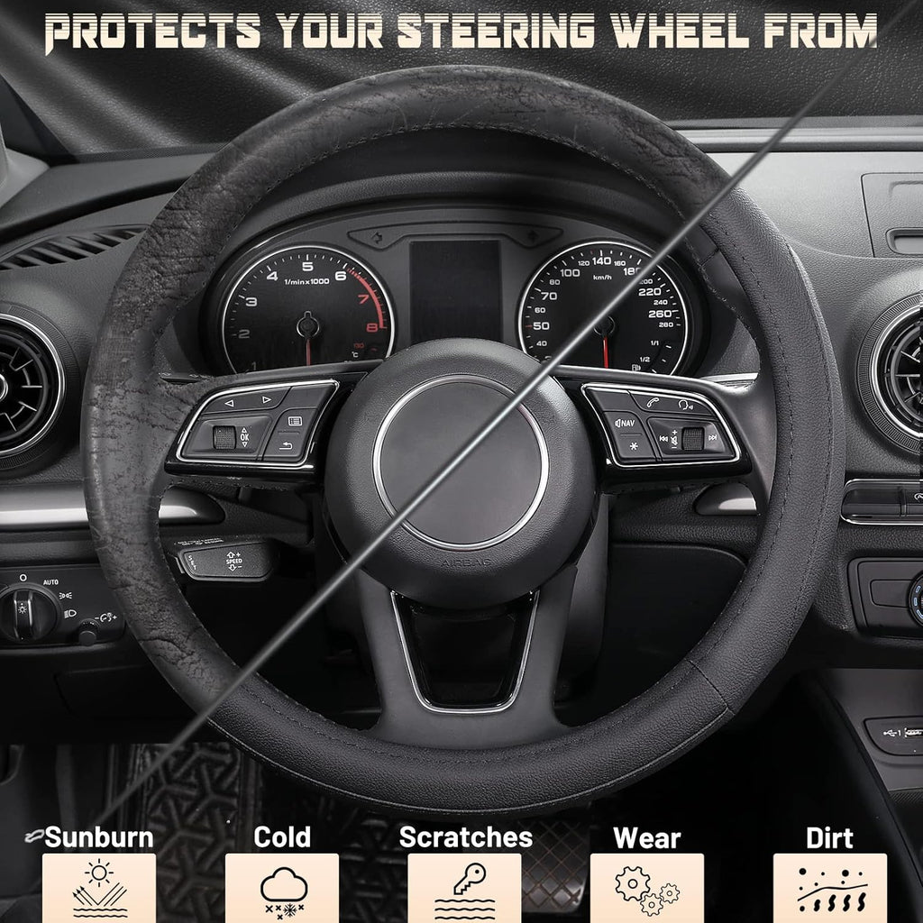 Car Steering Wheel Cover Universal Standard Size 14.5-15 inch, Black Microfiber Leather