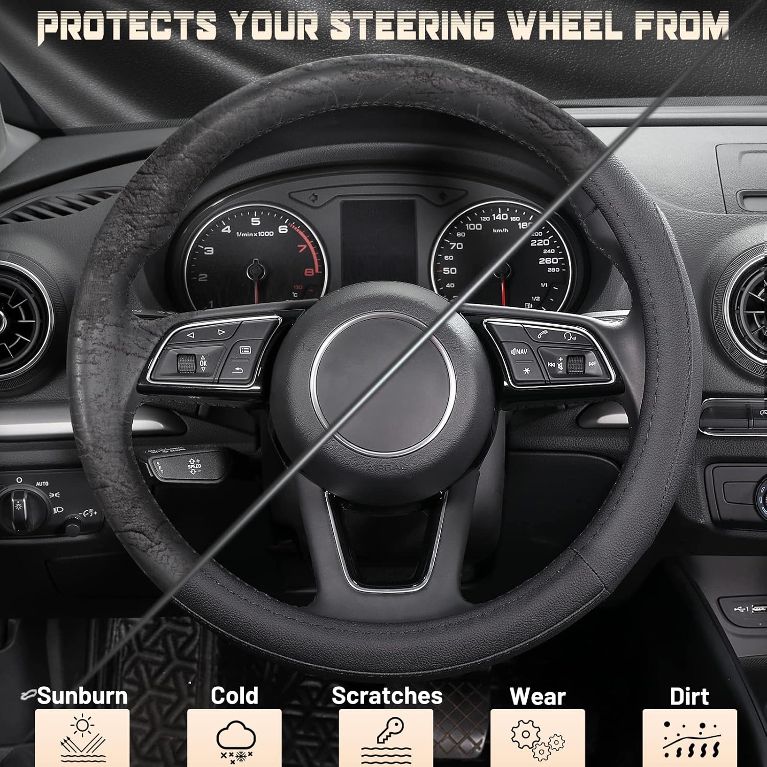 Car Steering Wheel Cover Universal Standard Size 14.5-15 inch, Black Microfiber Leather