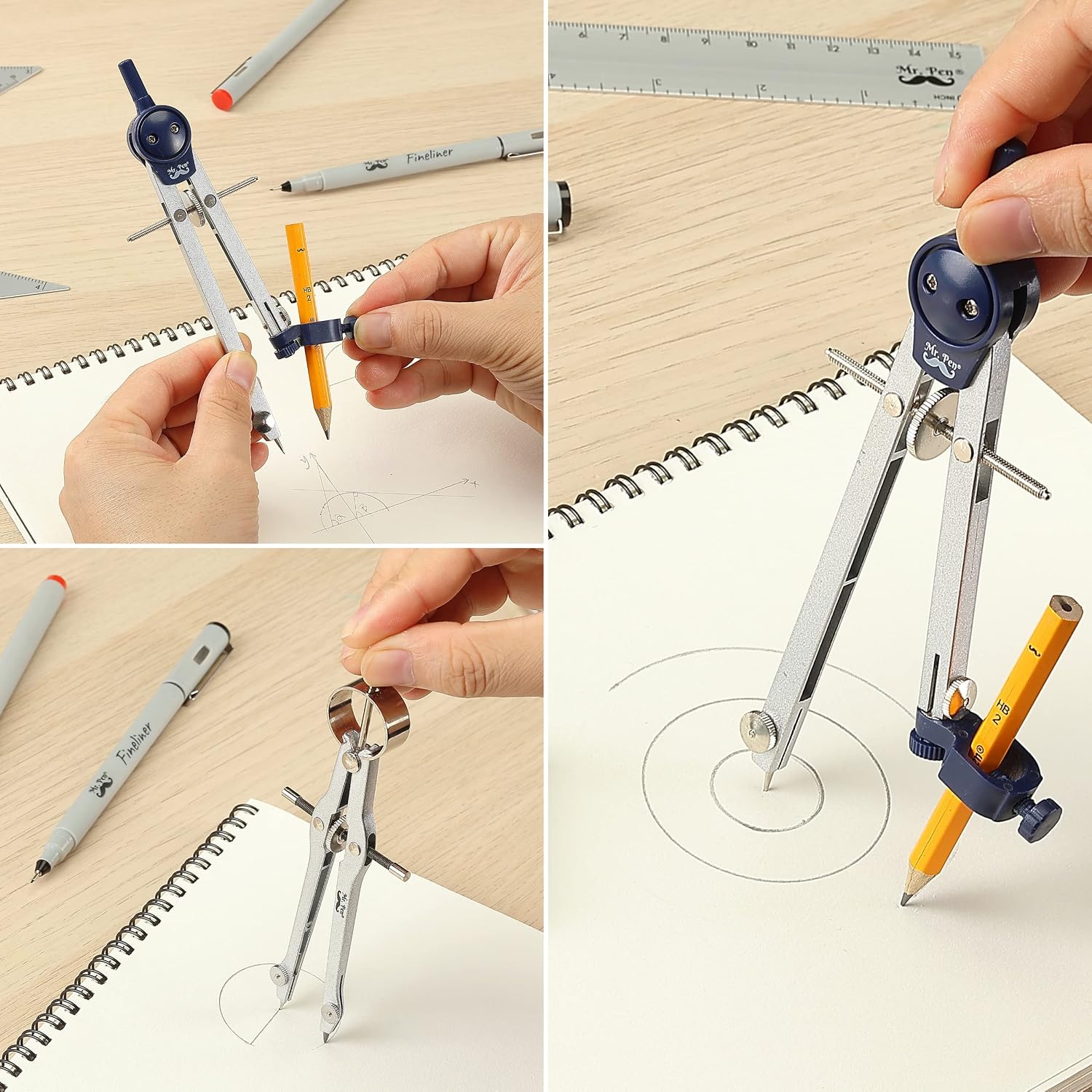 Professional Geometry Set, 15 pcs, Drafting Tools with Protractor | Compass, Metal Ruler, Triangles, Pens & Pencils