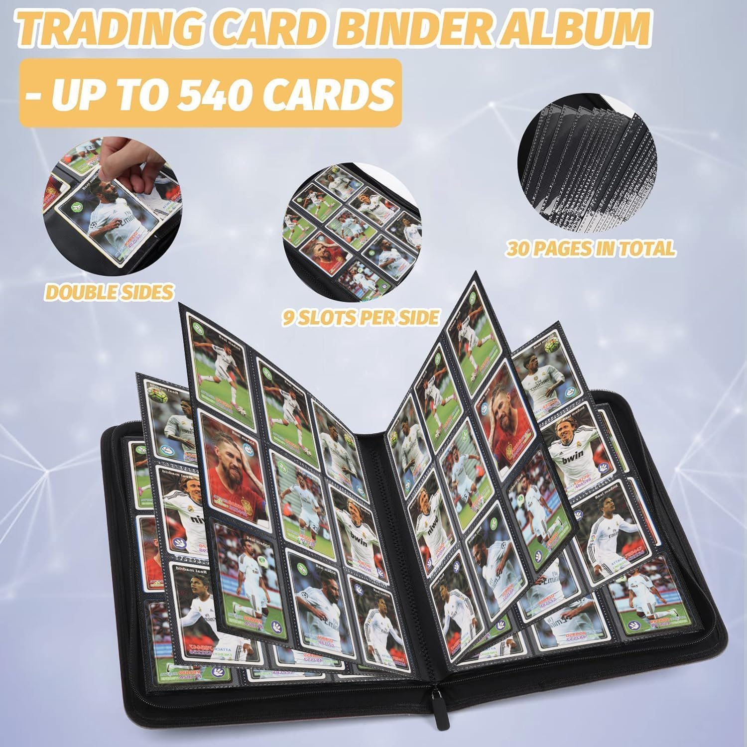 9 Pockets Card Binder,Premium Zip Trading Card Binder,540 Double Sided Pocket PU Collection Binder, Collector Album