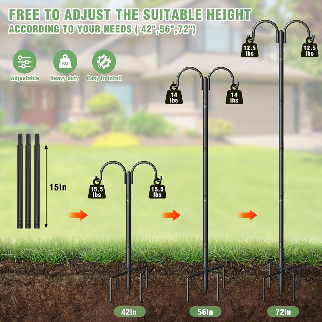 Double Shepherds Hooks for Outdoor, Heavy Duty Bird Feeder Pole with 5-Prong Base - Rust-Proof, Adjustable Bird