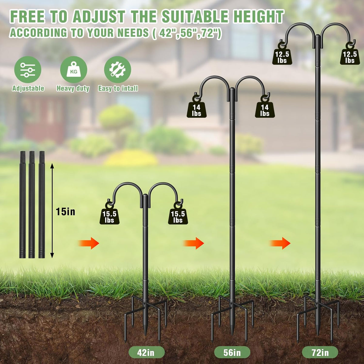 Double Shepherds Hooks for Outdoor, Heavy Duty Bird Feeder Pole with 5-Prong Base - Rust-Proof, Adjustable Bird