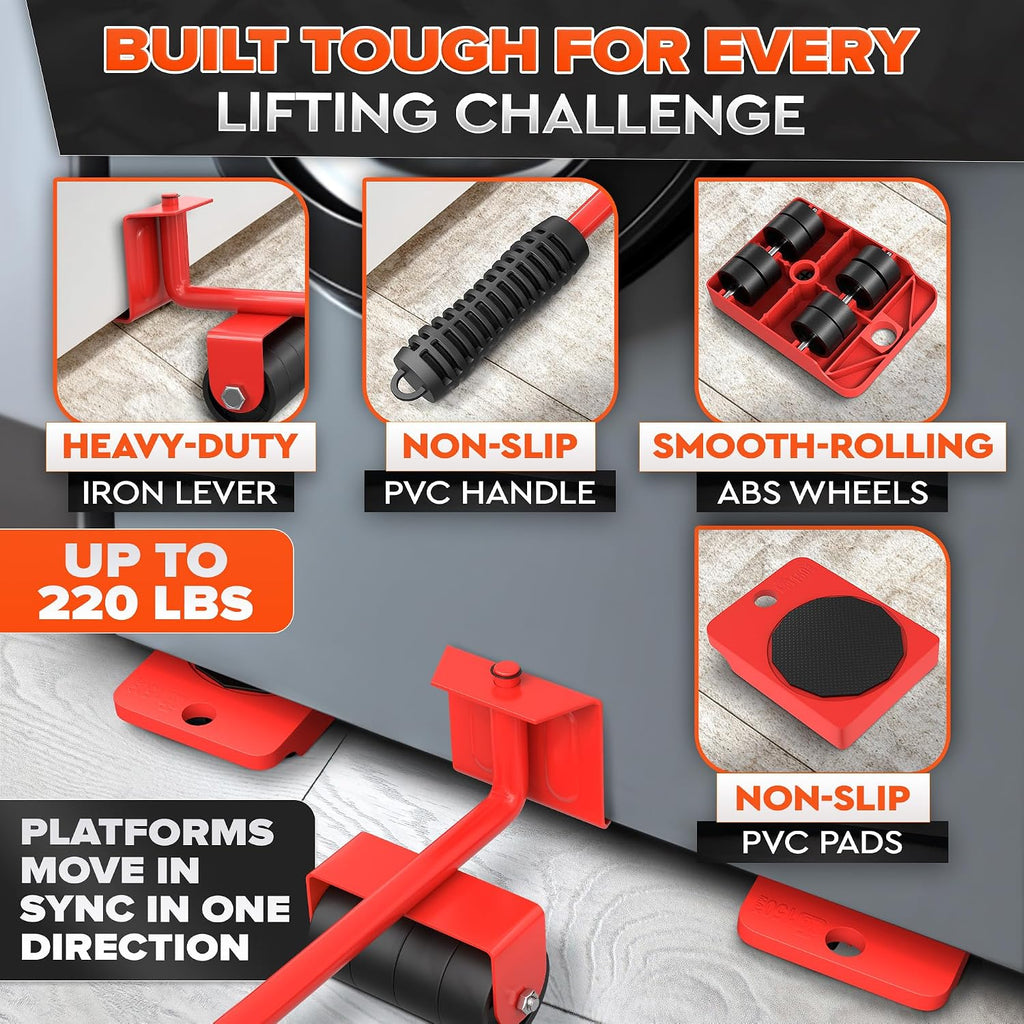Furniture Movers with Wheels, Up to 220 Lbs Lifter with 4 Sliders | Furniture Lifting Tool Set; 11.9 In Steel Lever;