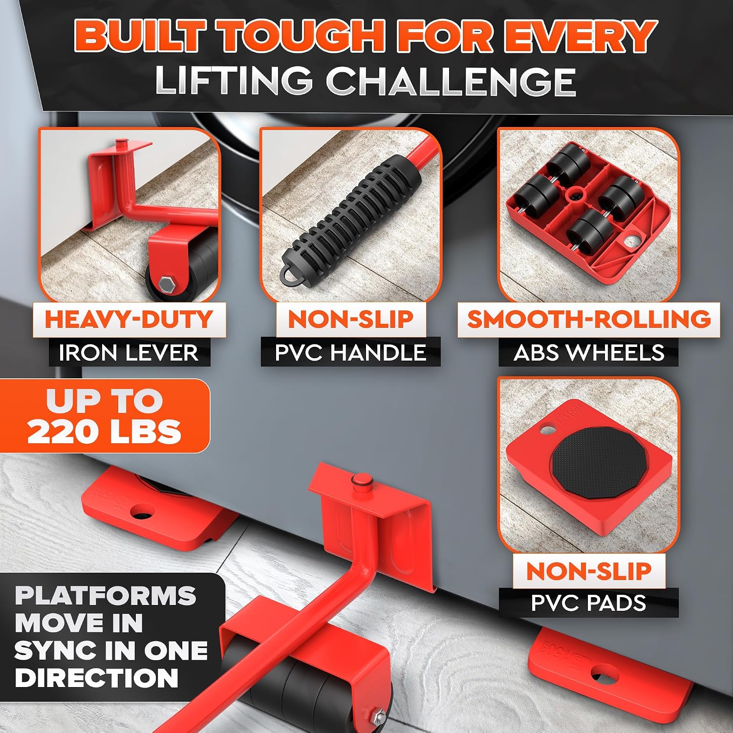 Furniture Movers with Wheels, Up to 220 Lbs Lifter with 4 Sliders | Furniture Lifting Tool Set; 11.9 In Steel Lever;
